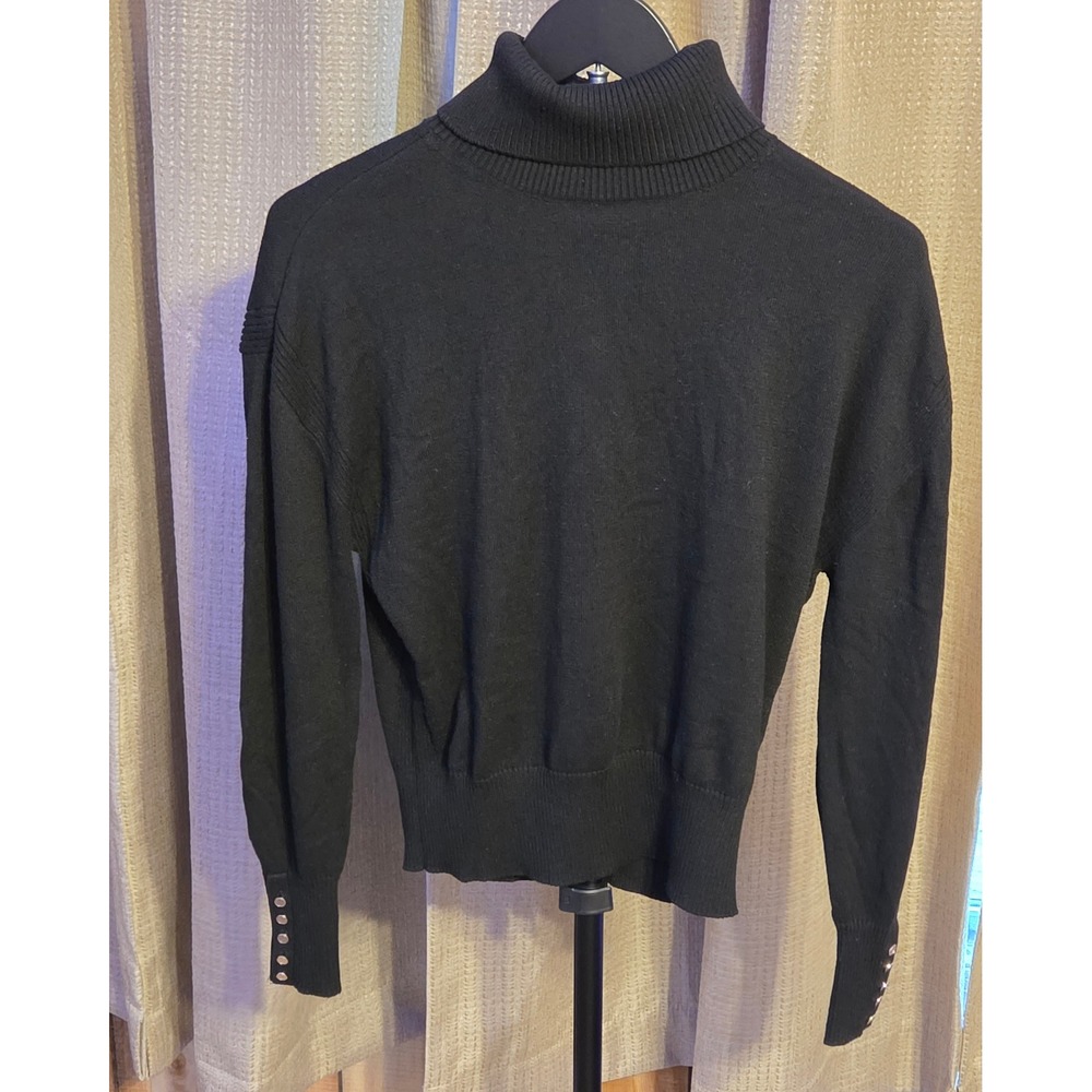 White House Black Market Knit Turtleneck Sweater Women's S Black Button Detail